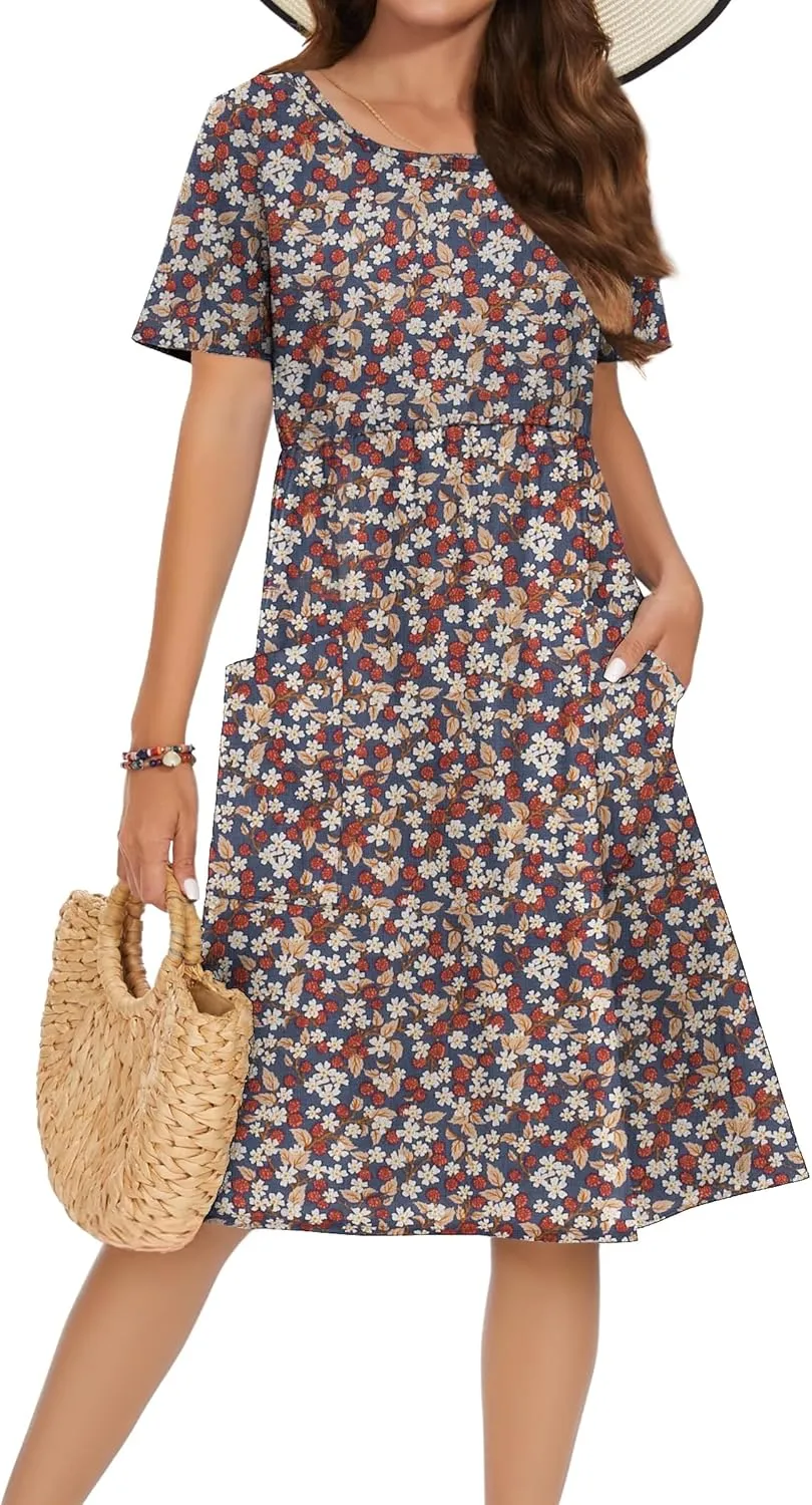 Zeagoo Womens Midi Dress Short Sleeve A-Line Cotton Linen Dress