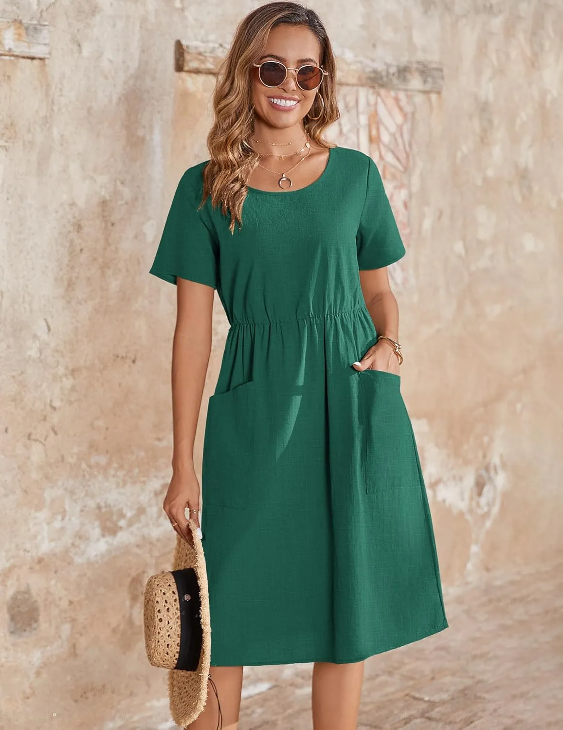 Zeagoo Womens Midi Dress Short Sleeve A-Line Cotton Linen Dress
