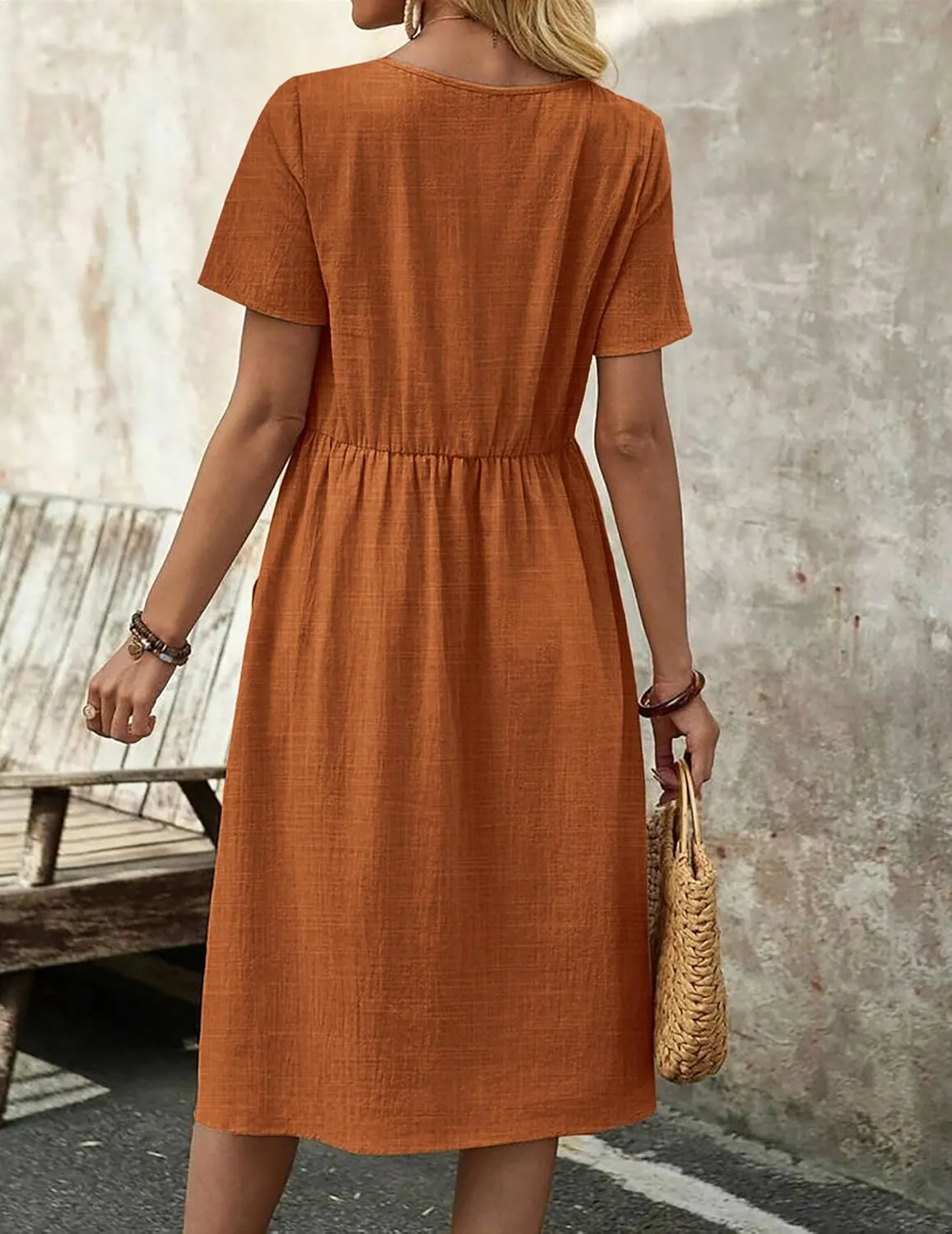 Zeagoo Womens Midi Dress Short Sleeve A-Line Cotton Linen Dress