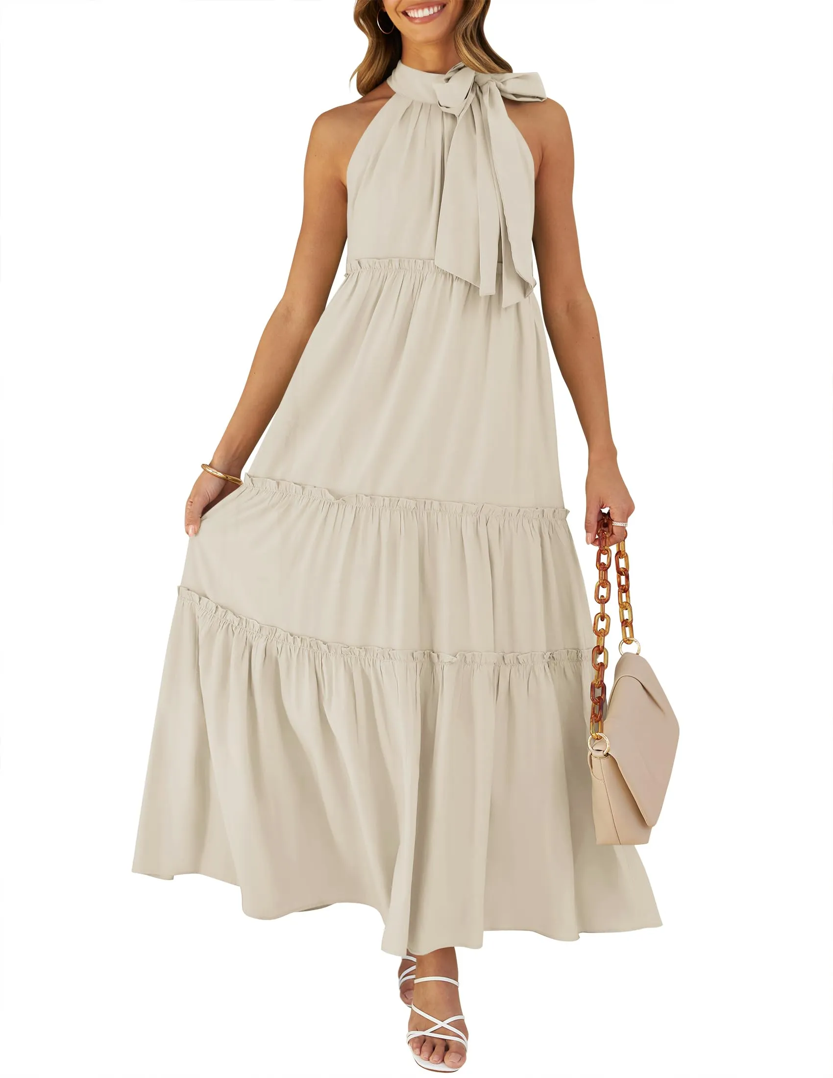 ZESICA Halter Sleeveless Pleated Flowy Maxi Dress