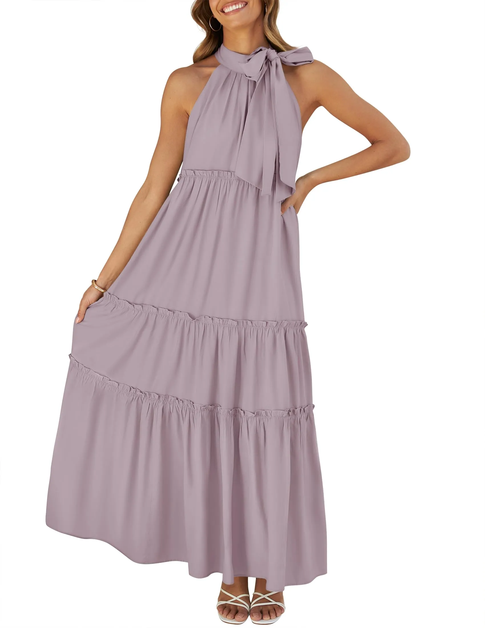 ZESICA Halter Sleeveless Pleated Flowy Maxi Dress