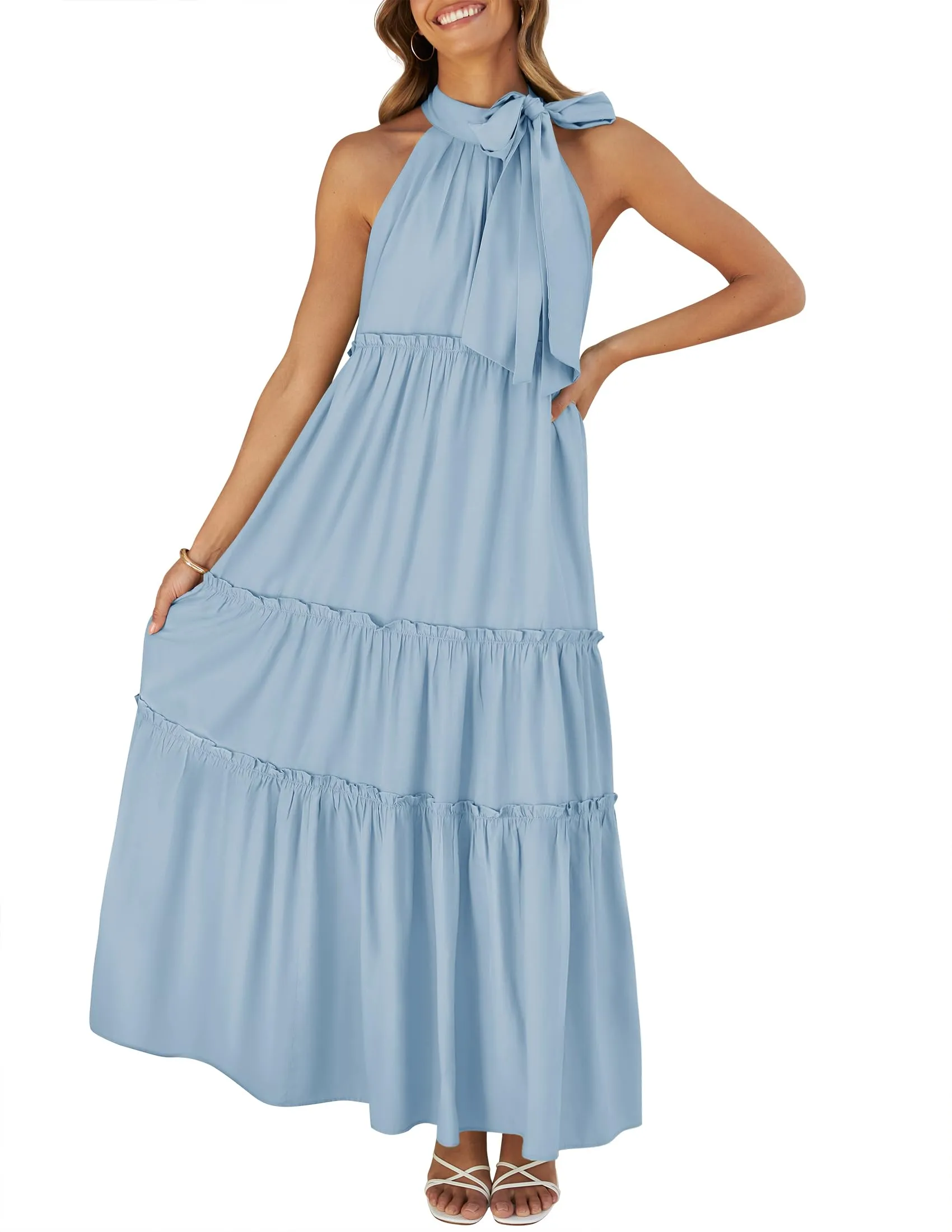 ZESICA Halter Sleeveless Pleated Flowy Maxi Dress
