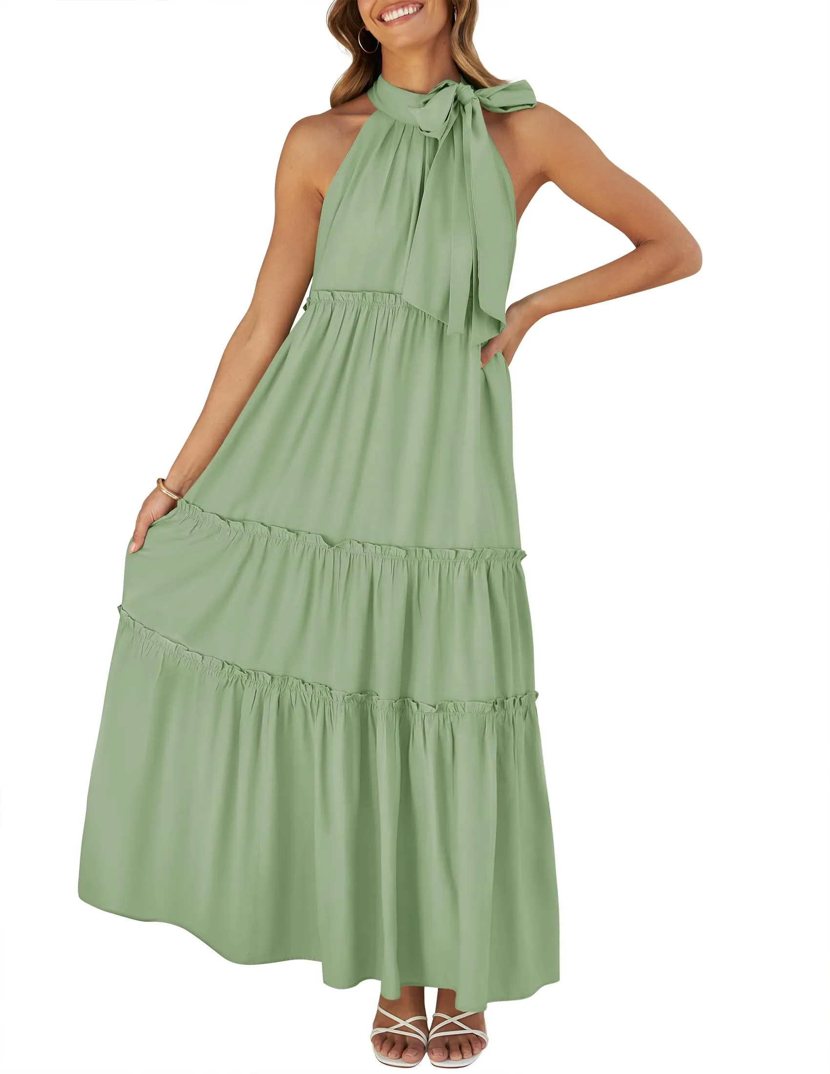 ZESICA Halter Sleeveless Pleated Flowy Maxi Dress