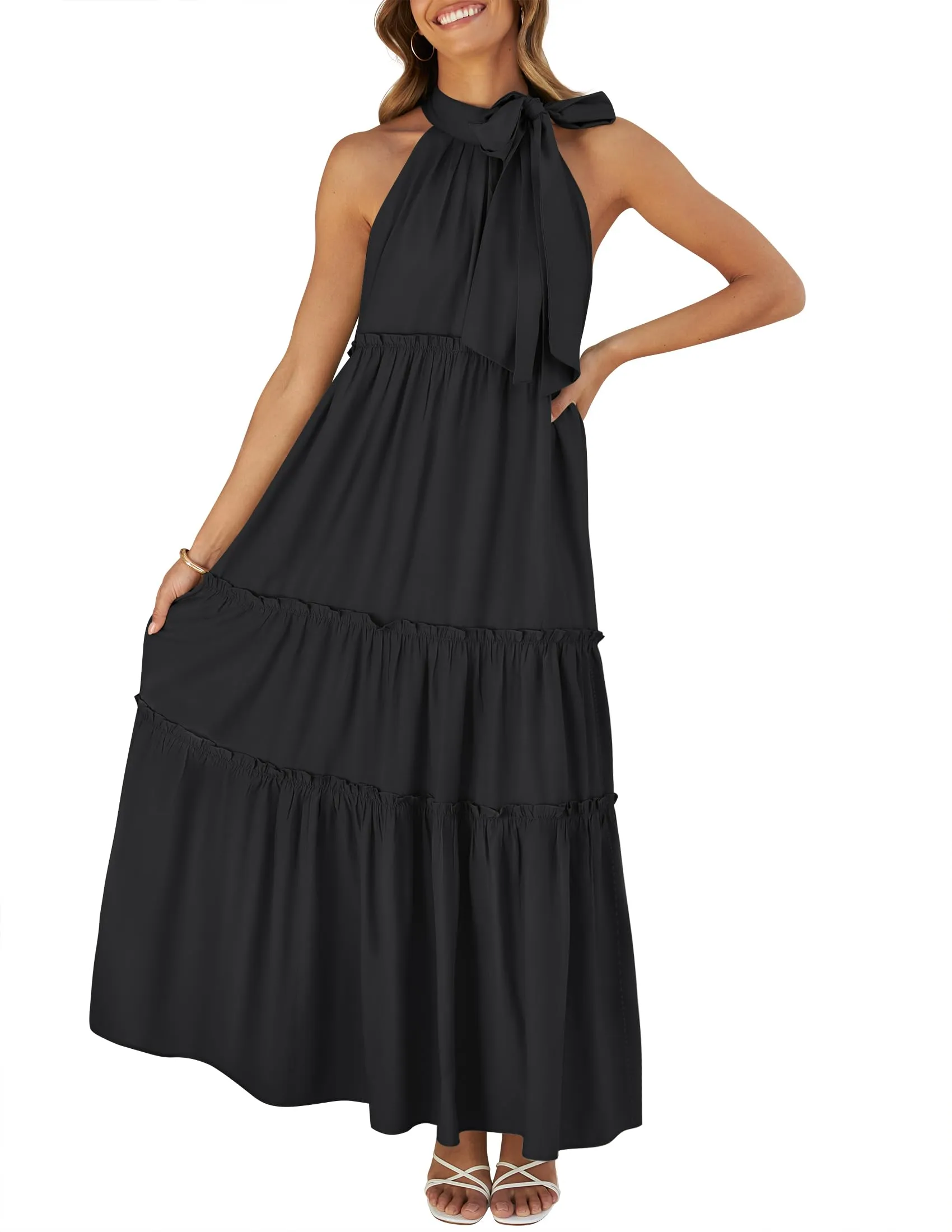 ZESICA Halter Sleeveless Pleated Flowy Maxi Dress